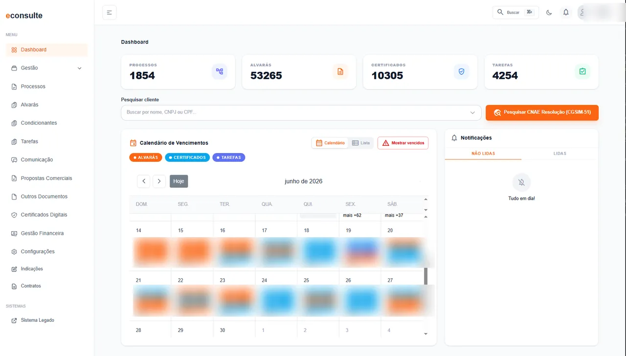 Dashboard do Econsulte com calendário de vencimentos, totais de processos, alvarás, certificados e tarefas